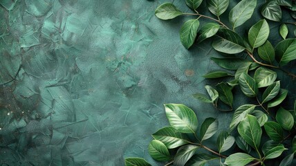 Wall Mural - Green leaves scattered on textured turquoise backdrop