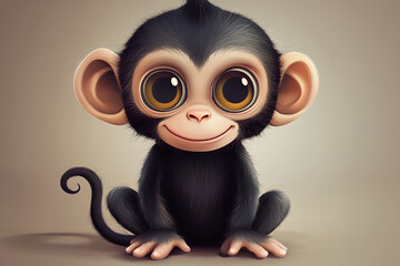 A cute cartoon monkey with big brown eyes and a big smile sitting on a brown background.