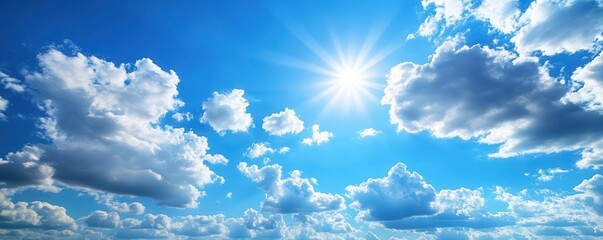 Clear blue sky with a few white clouds, serene weather, bright sunlight