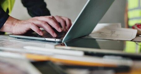 Aufkleber - Man, laptop and builder hands for plan on construction site, design layout and email client. Person, developer and online for graphic tools to draw blueprint, civil engineer and upgrade property