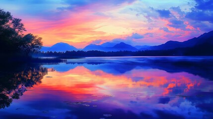 Tranquil lake reflecting twilight sky, soft glow of evening blending with magical colors, peaceful and enchanting natural beauty surrounding calm waters