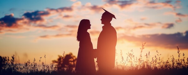 a graduate and partner embrace at sunset, celebrating achievement and love in a beautiful outdoor se