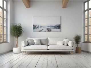 Wall Mural - White Sofa in a Minimalist Living Room with a Landscape Painting