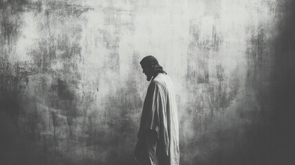 Dramatic black and white image of Jesus in a white robe standing on a grunge background.