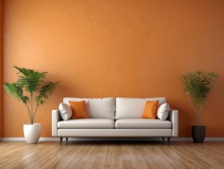 Wall Mural - White Sofa with Orange Pillows in Minimalist Living Room