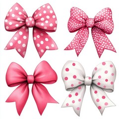 Wall Mural - Pink Polka Dot Bows  Ribbon Set  Watercolor Illustration