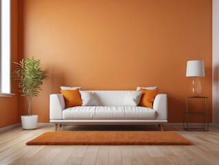 Wall Mural - White Sofa in a Minimalist Living Room with Orange Accents