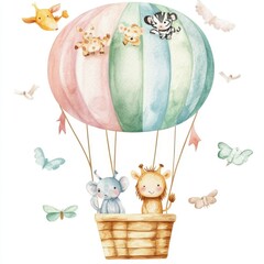 Sticker - Cute Watercolor Animals in Hot Air Balloon with Butterflies