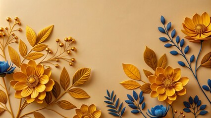 Watercolor abstract art with gold line flower, botanical leaves, blue shapes, luxury minimal style.