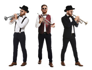 Poster - Man playing trumpet isolated on white. Collection of photos