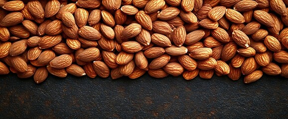 Wall Mural - A close-up view of raw almonds arranged on a dark surface.