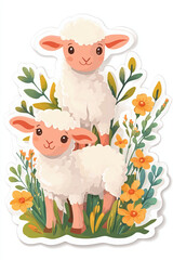 lamb sheep flowers nature spring cute animals farm pastoral wildlife agriculture baby animals yellow flowers green grass grazing rural animal illustration