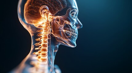 3D rendered medical illustration of the human skull and spine, highlighting the skeletal system and central nervous system in detailed view.