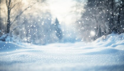 Wall Mural - snowy landscape with soft snowdrifts and gentle falling snow, set against a blurred background of wi