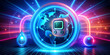 © HaJung - 3D Neon Abstract Digital Art for Diabetes Awareness Campaign - Vibrant Glowing Background with Blue Circle and Glucose Meter Symbols for World Diabetes Day