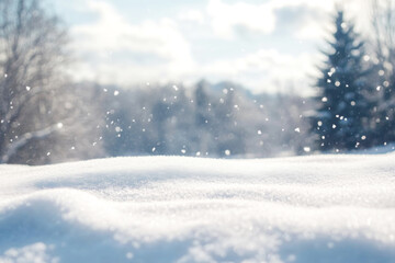 Wall Mural - snowy landscape with soft snowdrifts and gentle falling snow, set against a blurred background of wi