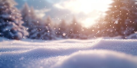 Snowy landscape with soft snowdrifts and gentle falling snow, set against a blurred background of winter trees and a cloudy sky