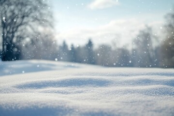 Wall Mural - snowy landscape with soft snowdrifts and gentle falling snow, set against a blurred background of wi