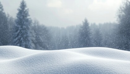 Wall Mural - snowy landscape with soft snowdrifts and gentle falling snow, set against a blurred background of wi