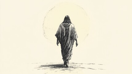 Sticker - A minimalist black and white sketch of Jesus walking in flowing robes.