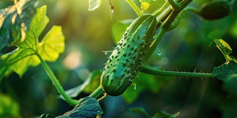 Sticker - A young fresh cucumber dangling from a vine, ready for harvest, symbolizes a healthy diet and nutritious eating.