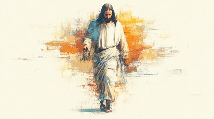 Wall Mural - Jesus Christ. Portrait of a young man with long hair in a white robe.