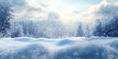 Poster - Snowy landscape with soft snowdrifts and gentle falling snow, set against a blurred background of winter trees and a cloudy sky