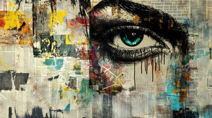 Wall Mural - Abstract painting featuring a collage background with a striking blue eye at the center, blending colors and textures in a modern artistic expression.