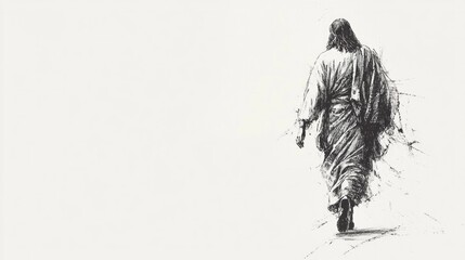 Poster - Simple sketch of Jesus walking in long robes. Monochrome. Rear view. Copy space.