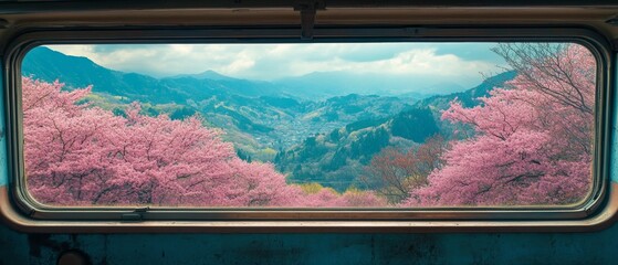 Scenic view from a Japanese train window of a vibrant cherry blossom landscape with blooming trees and rolling hills capturing the essence of springtime beauty and travel