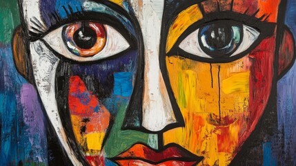 Wall Mural - Abstract painting of a face with vibrant mixed colors, showcasing a fusion of styles and emotions in a unique artistic expression.