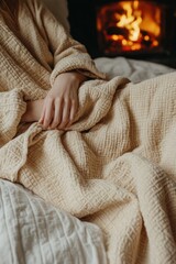 Canvas Print - Cozy Fashion: Relaxing in a Cream Textured Robe