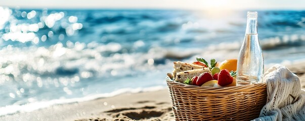 Picnic Basket on a Beach with Fruit, Bread, and Water