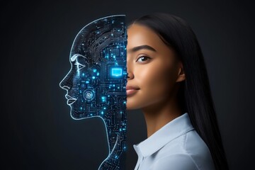 Poster - Axon Brain Robotic Futuristic conceptual portrait of a woman with a half digital face symbolizing the blending of human identity with artificial intelligence and data