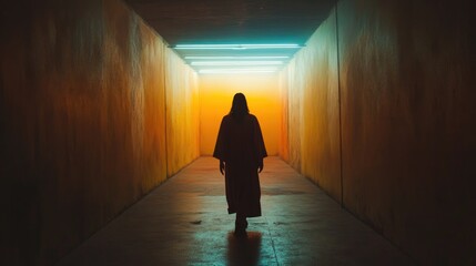 Wall Mural - Resurrection. Silhouette of a man in a dark tunnel with a bright light. Conceptual image.