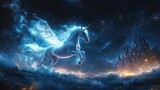 Ghost unicorn with translucent wings flying over a haunted castle under a starry sky, copy space for stock photo with minimal concept, No logo, No Trademark, No text