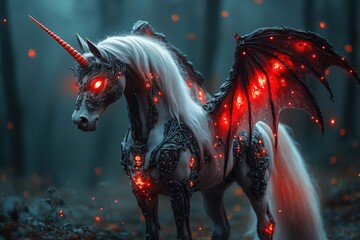 Wall Mural - unicorn with bat wings, glowing red eyes, and skeletal features standing on a spooky hill, copy spac