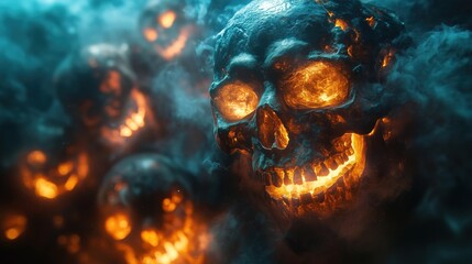 Wall Mural - skulls glowing with eerie green light, surrounded by floating ghosts and jack-o-lanterns, copy space