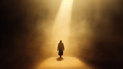 Poster - Resurrection. Silhouette of a man in the dark with rays of light.