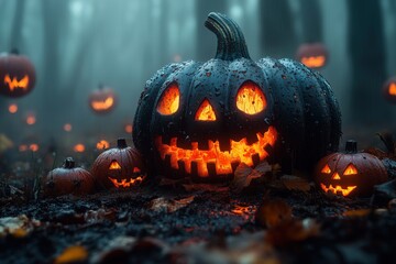 Creepy mushrooms glowing under a full moon, surrounded by fog and floating jack-o-lanterns, copy space for stock photo with minimal concept, No logo, No Trademark, No text