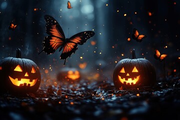 Wall Mural - bat-winged butterflies flying around eerie jack-o-lanterns in a dark, misty forest, copy space for s