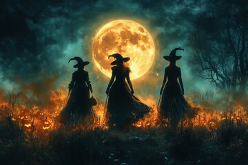 llamas dressed as witches, wandering through a haunted pumpkin patch under a glowing full moon, copy