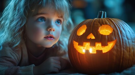 Wall Mural - young child concentrating on carving a spooky face into a pumpkin, soft candlelight illuminating the