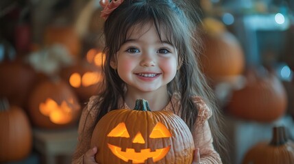 Wall Mural - little girl proudly showing her carved pumpkin masterpiece, halloween excitement, copy space for sto