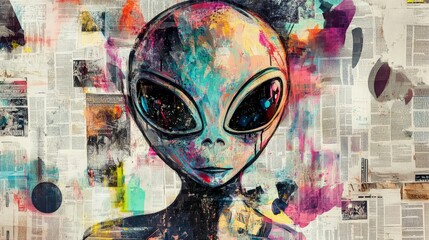 Colorful abstract painting of an alien with newspaper collage background. Vivid, cosmic artwork representing extraterrestrial life.