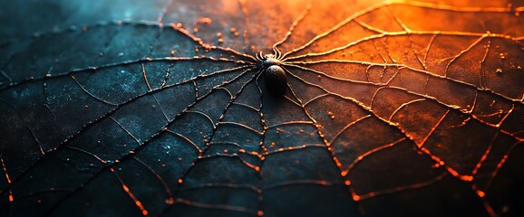 Wall Mural - A close-up of a spider web illuminated by warm light.