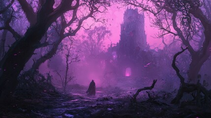 A figure walks towards a spooky castle