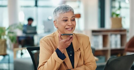 Poster - Mature, businesswoman and phone for voice note in schedule planning, strategy or speaking at office desk. Female manager, smartphone and creative talking by laptop for project research at workplace