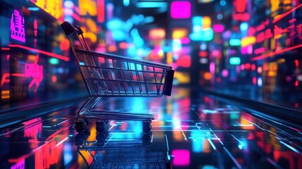 A shopping cart in a vibrant, neon-lit digital environment.