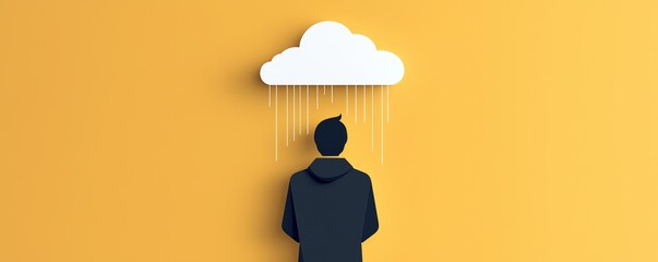 Enduring Melancholy - Flat Design Illustration of a Person Standing under a Raincloud with Persistent Sadness